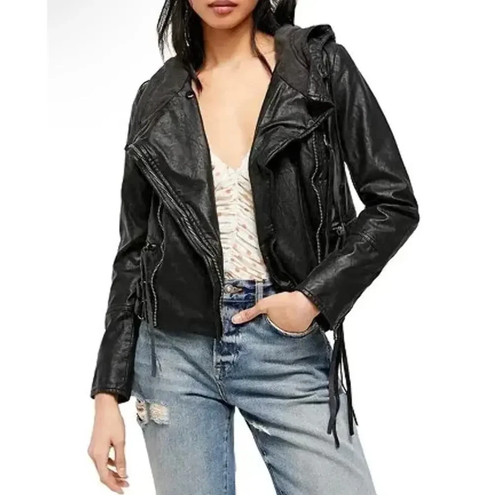 Free People Cleo Vegan Leather Moto Hooded Jacket‎ Black Size 8